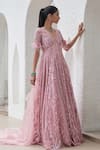 Buy_Mahima Mahajan_Pink Net Hand Embroidery Sequins V Neck Paiza Anarkali With Dupatta_at_Aza_Fashions