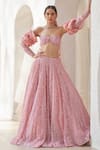 Buy_Mahima Mahajan_Pink Net Hand Embroidery Sequins Sweetheart Neck Parsa Lehenga Set _at_Aza_Fashions