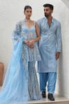 Mahima Mahajan_Blue Net Hand Embroidery Sequins Sweetheart Neck Sanah Kurta Gharara Set_Online_at_Aza_Fashions