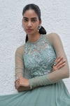 Shop_Mahima Mahajan_Green Net Hand Embroidery Sequins Round Neck Yasmeen Jumpsuit _Online_at_Aza_Fashions