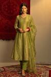 Buy_Kridha Designs_Green Kurta Chanderi Hand Embroidered Dupatta Eka A-line Pant Set  _at_Aza_Fashions