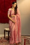 Buy_Kridha Designs_Pink Saree Chanderi Self Design Stripe V Neck With Blouse  _at_Aza_Fashions