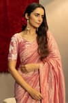 Kridha Designs_Pink Saree Chanderi Self Design Stripe V Neck With Blouse  _Online_at_Aza_Fashions