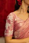 Buy_Kridha Designs_Pink Saree Chanderi Self Design Stripe V Neck With Blouse  _Online_at_Aza_Fashions