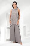Buy_Nayantara Couture_Grey Tunic Viscose Satin Organza Evelyn Asymmetric And Palazzo Set _at_Aza_Fashions