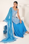 Shop_Nayantara Couture_Blue Kurta Viscose Crepe Embroidered Pearl Round Neck Daisy Sharara Set_Online_at_Aza_Fashions