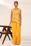 Shop_Nayantara Couture_Yellow Viscose Crepe Printed And Hand Lucy Floral Top & Pant Set _Online_at_Aza_Fashions