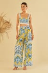 Buy_Sage Saga_Yellow Poplin Embellished Floral Amarilla Pattern Bustier With Pant _at_Aza_Fashions