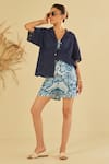 Sage Saga_Blue Poplin Embellished Floral Shirt Schiffli Pattern Shorts Set _Online_at_Aza_Fashions