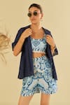 Sage Saga_Blue Poplin Embellished Floral Shirt Schiffli Pattern Shorts Set _at_Aza_Fashions