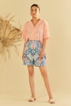 Sage Saga_Pink Poplin Embellished Pesca Schiffli Pattern Shirt Shorts Set _Online_at_Aza_Fashions