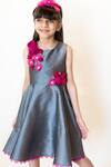 Buy_A Little Fable_Grey Taffeta Embroidery, Applique 3d Rosa Bloom Dress _at_Aza_Fashions