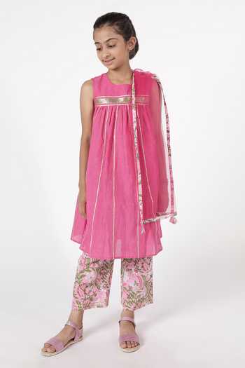 Buy_A Little Fable_Pink Cotton, Net Gota Patti, Embroidery Roop Kurta Pant Set _at_Aza_Fashions