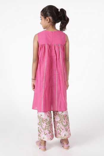 Shop_A Little Fable_Pink Cotton, Net Gota Patti, Embroidery Roop Kurta Pant Set _at_Aza_Fashions
