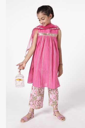 Buy_A Little Fable_Pink Cotton, Net Gota Patti, Embroidery Roop Kurta Pant Set _Online_at_Aza_Fashions