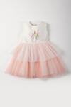 Shop_A Little Fable_Off White Cotton, Polyester, Tulle Stones Unicorn Print Bodice Dress _at_Aza_Fashions