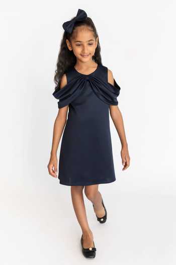 A Little Fable_Blue Cotton, Neoprene Bow Knotted Dress _Online_at_Aza_Fashions