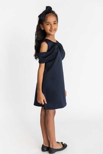 Buy_A Little Fable_Blue Cotton, Neoprene Bow Knotted Dress _Online_at_Aza_Fashions