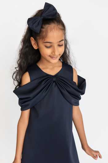 Shop_A Little Fable_Blue Cotton, Neoprene Bow Knotted Dress _Online_at_Aza_Fashions