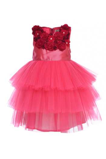 Buy_A Little Fable_Pink Taffeta, Net Embroidery Garland Rose Hand Dress _at_Aza_Fashions