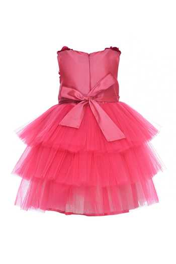 Shop_A Little Fable_Pink Taffeta, Net Embroidery Garland Rose Hand Dress _at_Aza_Fashions