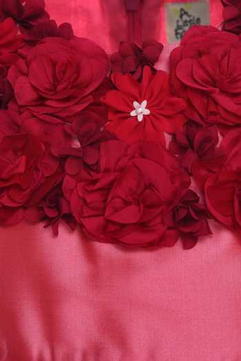 A Little Fable_Pink Taffeta, Net Embroidery Garland Rose Hand Dress _Online_at_Aza_Fashions