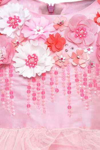 A Little Fable_Pink Taffeta, Net Embroidery, Sequins Provence Cascade Ruffle Dress _Online_at_Aza_Fashions