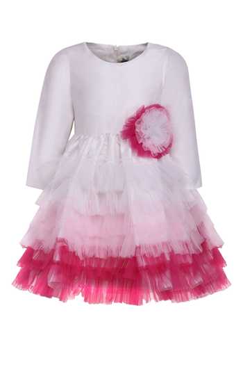 Buy_A Little Fable_White Taffeta, Net Ruffles Riding Hood Dress _at_Aza_Fashions