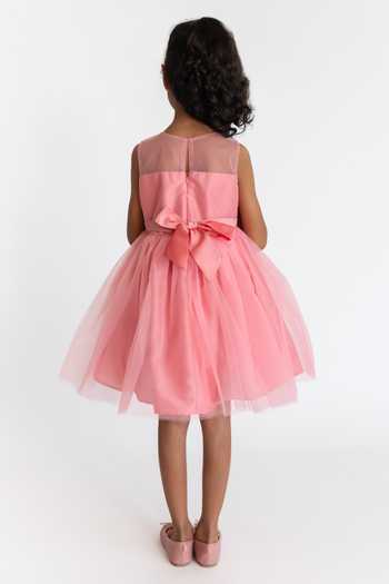 Shop_A Little Fable_Pink Tulle, Polyester, Cotton Embroidery, Beads 3d Floral Applique Dress _at_Aza_Fashions