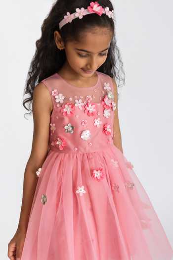 A Little Fable_Pink Tulle, Polyester, Cotton Embroidery, Beads 3d Floral Applique Dress _Online_at_Aza_Fashions