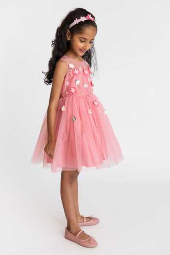 Buy_A Little Fable_Pink Tulle, Polyester, Cotton Embroidery, Beads 3d Floral Applique Dress _Online_at_Aza_Fashions