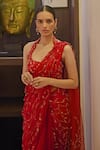 Buy_Talking Threads_Red Silk Organza Hand Embroidered Floral Jaal Halter Saree With Blouse  _Online_at_Aza_Fashions