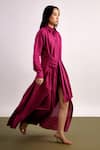 Echo By Tanya Arora_Fuchsia Linen Plain Spread Collar Maxi Dress  _Online_at_Aza_Fashions