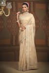 Buy_SHIKHAR SHARMA_Ivory Saree Silk Organza Embroidered Gota Round Leheriya Work With Blouse _at_Aza_Fashions