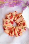 Shop_Soho Boho Studio By Aarti Thakur_Peach Print Cherry Blossom Medium Sized Scrunchie_at_Aza_Fashions
