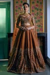 Buy_Irrau by Samir Mantri_Orange Net Embroidery Sequin Square Neck Floral Lehenga Set _at_Aza_Fashions