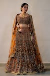 Irrau by Samir Mantri_Orange Net Embroidery Sequin V Neck Chevron Lehenga Set _Online_at_Aza_Fashions