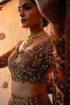 Irrau by Samir Mantri_Orange Net Embroidery Sequin V Neck Chevron Lehenga Set _at_Aza_Fashions