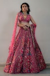 Buy_Irrau by Samir Mantri_Fuchsia Net Embroidery Sequin Plunge V Neck Checkered Lehenga Set _at_Aza_Fashions