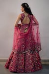 Shop_Irrau by Samir Mantri_Fuchsia Net Embroidery Sequin Plunge V Neck Checkered Lehenga Set _at_Aza_Fashions