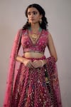 Irrau by Samir Mantri_Fuchsia Net Embroidery Sequin Plunge V Neck Checkered Lehenga Set _Online_at_Aza_Fashions