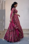 Buy_Irrau by Samir Mantri_Fuchsia Net Embroidery Sequin Plunge V Neck Checkered Lehenga Set _Online_at_Aza_Fashions