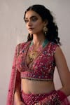 Shop_Irrau by Samir Mantri_Fuchsia Net Embroidery Sequin Plunge V Neck Checkered Lehenga Set _Online_at_Aza_Fashions