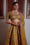 Irrau by Samir Mantri_Yellow Lehenga And Blouse Pure Raw Silk Embroidery Sequin Leaf Neck Floral Set _Online_at_Aza_Fashions