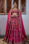 Irrau by Samir Mantri_Fuchsia Lehenga And Blouse Pure Raw Silk Embroidery Sequin Leaf Neck Flower Set _Online_at_Aza_Fashions