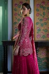 Irrau by Samir Mantri_Fuchsia Kurta Net Embroidery Sequin Boat Neck Floral Gharara Set _Online_at_Aza_Fashions