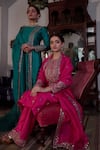 Irrau by Samir Mantri_Fuchsia Kurta And Trouser Pure Raw Silk Embroidery Sequin Round Paisley Set _Online_at_Aza_Fashions