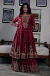 Irrau by Samir Mantri_Maroon Anarkali And Gharara Silk Chanderi Embroidery Sequin Boat Neck Set _Online_at_Aza_Fashions