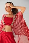 Shop_Kesar Studio_Red Silk Hand Embroidered Thread Cape Open Stripe Pattern Jacket Pant Set _at_Aza_Fashions