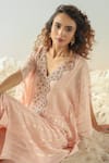 Shop_Kesar Studio_Peach Silk Hand Embroidered Thread V Neck Gota Kaftan And Pant Set _at_Aza_Fashions